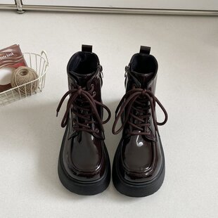 鞋 l厚底大头短靴jk增高英伦风系带马丁靴漆皮单靴 子女春夏松糕鞋