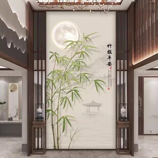 别墅挑高复式g楼电视背景墙壁纸中式竹子客厅挑空玄关壁画墙布壁