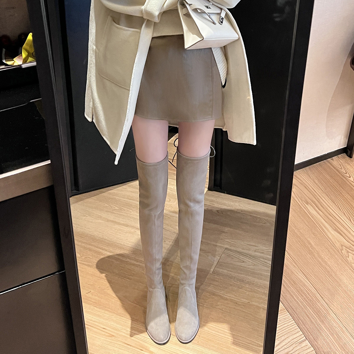 过膝长靴2024年秋冬款长筒显腿长百搭弹力显瘦欧美粗跟绒面靴子女,女鞋,时装靴,淘宝优惠券,粉丝福利购,淘宝优惠卷