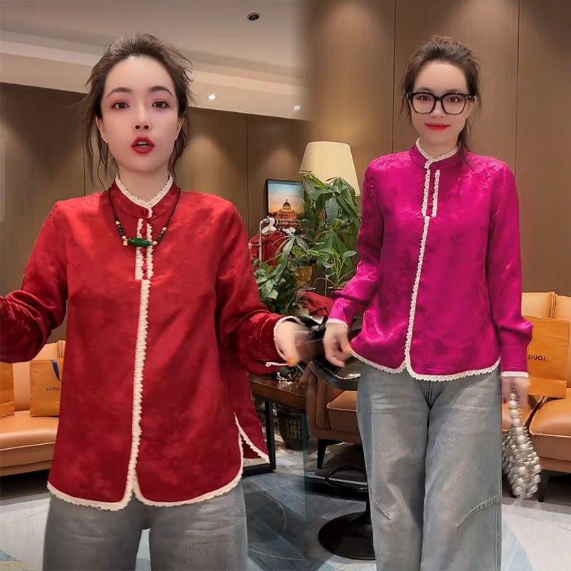 衬衫女2025春季新款r蕾丝拼接气质女神范新年国风高级感衬衣打底