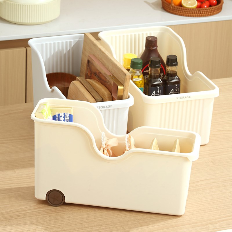 厨房收纳盒锅盖架置物架塑料锅具收纳架带滑轮橱柜收纳盒储物架子