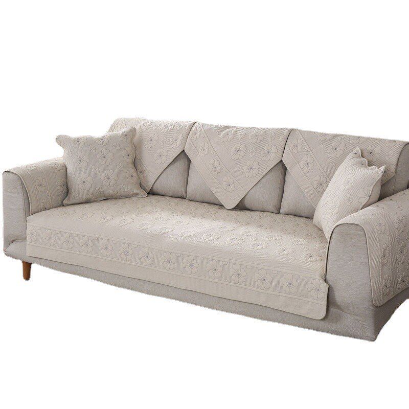 双面全棉布艺绗缝刺绣沙发垫 纯棉色简约现代防滑沙发坐垫巾罩套