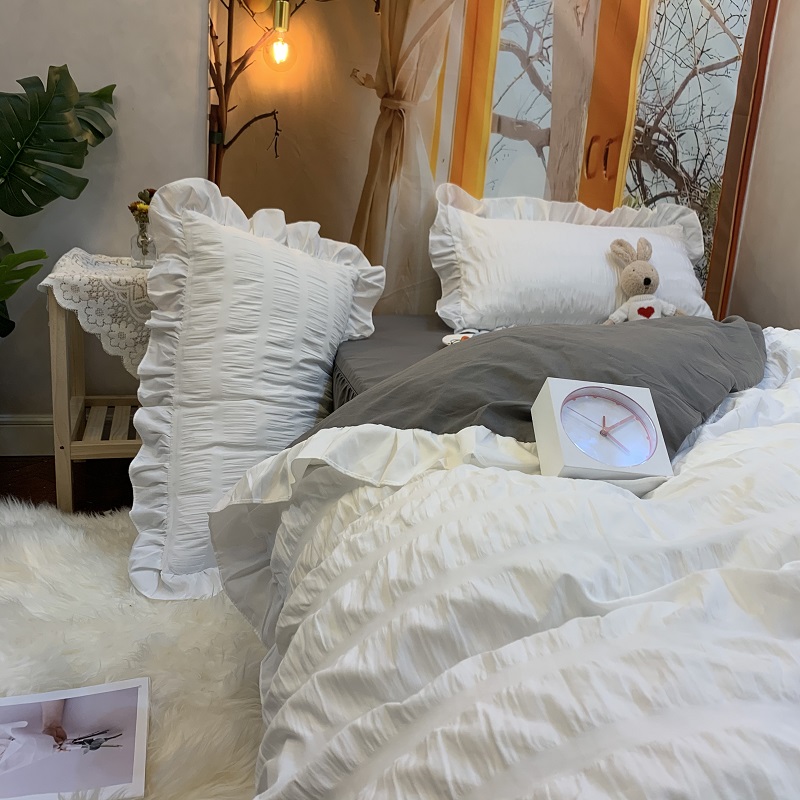 韩式公主风床裙粉色少女心纯色泡泡花边被套四件套宿舍床单三件套