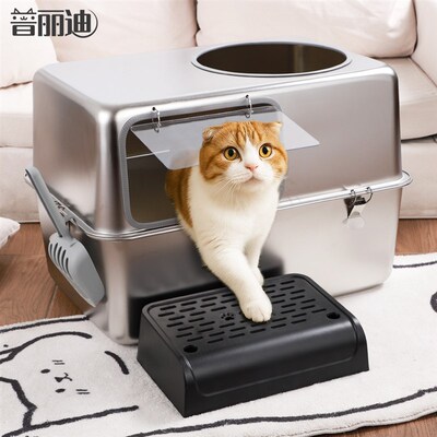 宠物201不锈钢猫砂盆超大号猫厕所全封闭式防外溅带出半封闭带盖