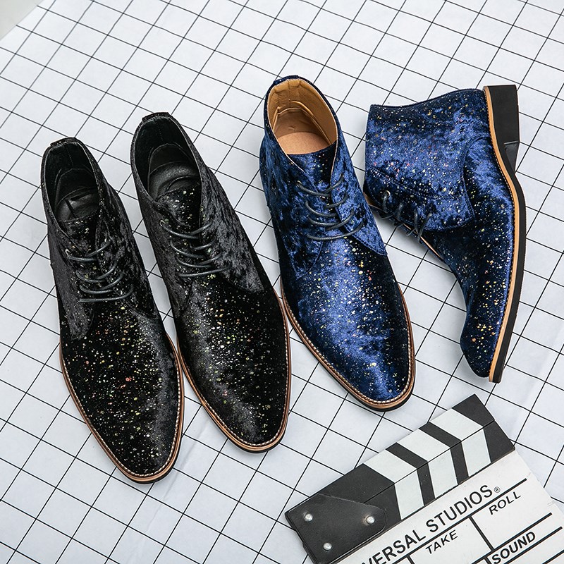 男士尖头皮靴发型师短靴蓝色英伦潮高帮舞台马丁靴个性内增高皮鞋