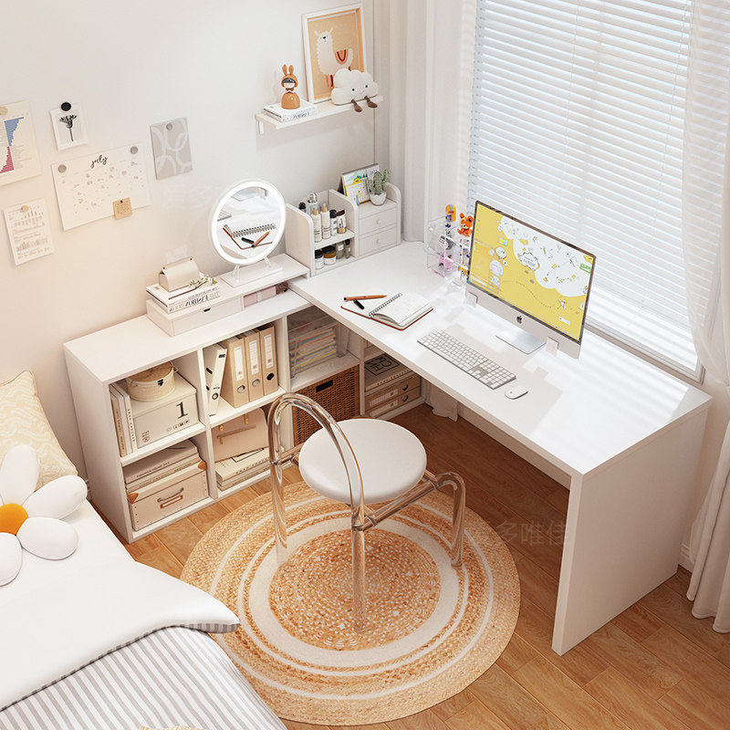 法式奶油风白色实木转角书桌书柜一体卧室半包围化妆桌l型电脑桌,住宅家具,转角桌,淘宝优惠券,粉丝福利购,淘宝优惠卷