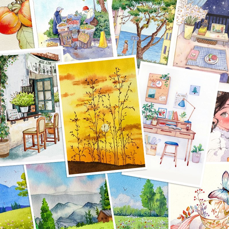 少儿美术水彩风景彩色线描画儿童临摹卡画马克笔装饰画临摹卡片图片