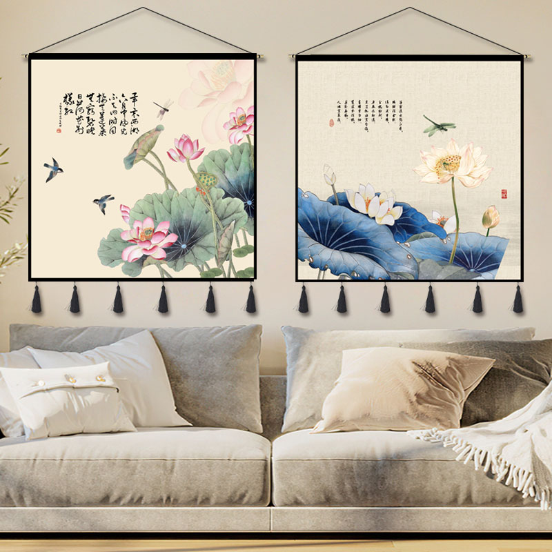 新中式荷花九鱼图挂画布艺国画客厅沙发装饰画挂毯正方形餐厅壁画图片