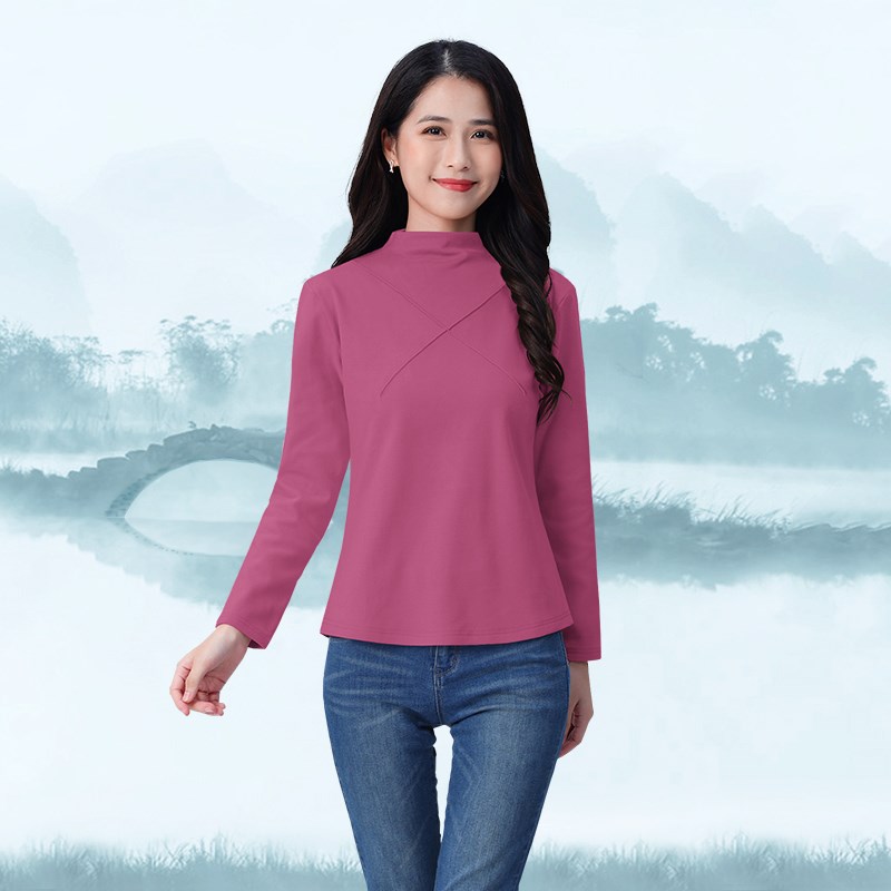 加绒保暖春秋外穿上衣女拼色半高领加厚打底衫显瘦藏肉百搭T恤衫