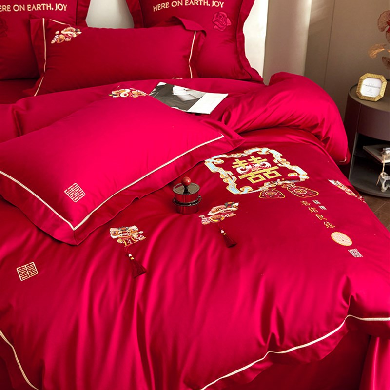 恒洽家纺浪漫婚庆全棉牀单款四件套100S刺绣结婚中式被套牀上用品