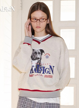 VitalSign撞色运动卡通狗狗印花v领可爱学院风女生长袖套头卫衣