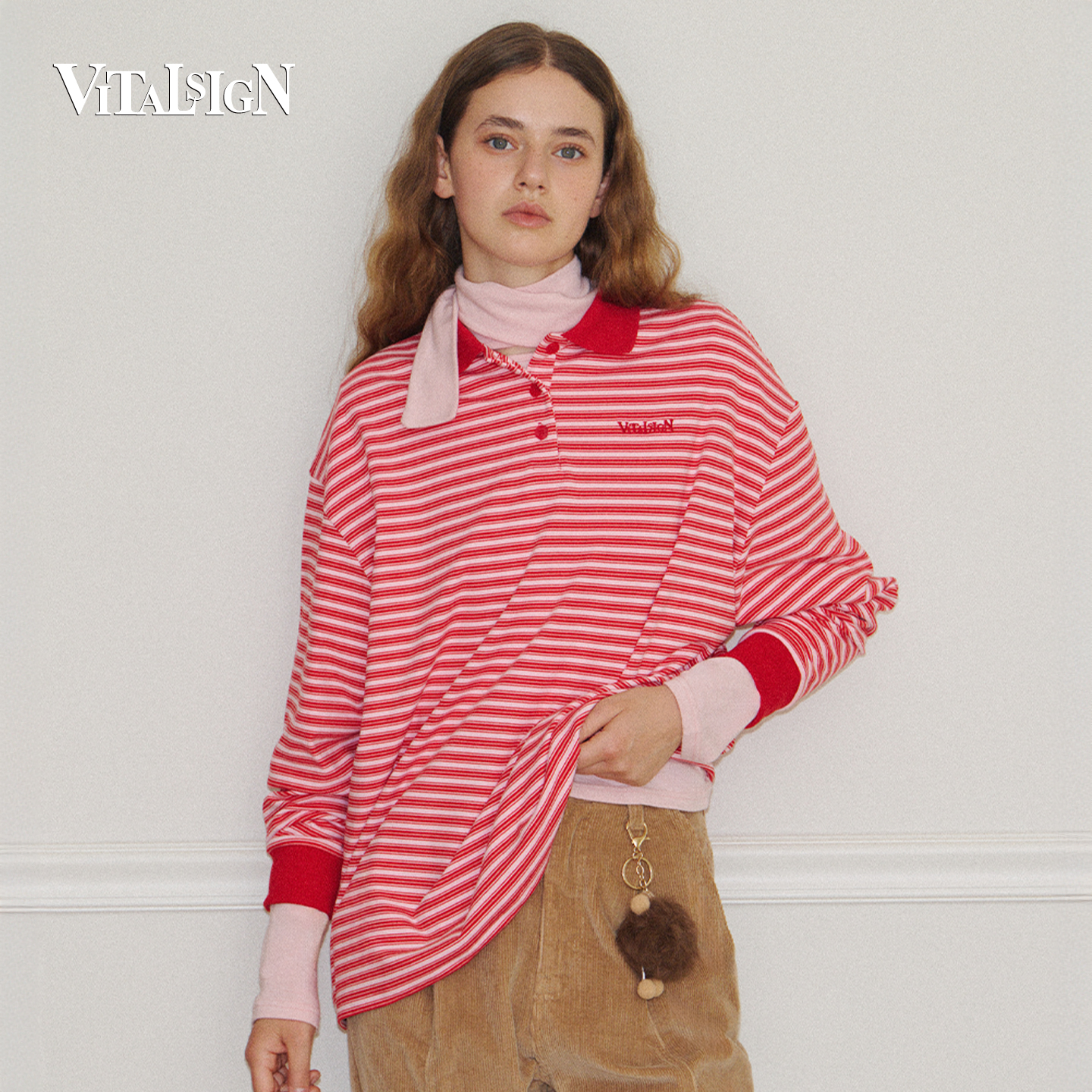 VitalSign条纹翻领撞色长袖T恤