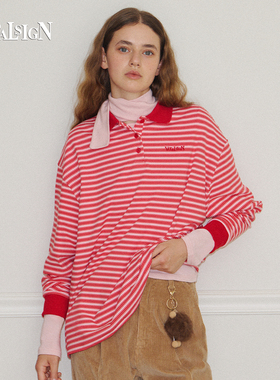 VitalSign官方正品巨好看的早秋休闲百搭条纹翻领撞色长袖女款T恤