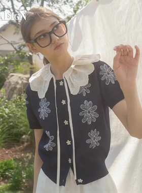 VITALSIGN正品女款学院风雏菊短袖藏青色新款百搭休闲针织开衫