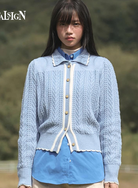 VitalSign女款拼色翻领多色学院风早秋长袖美利奴羊毛针织开衫