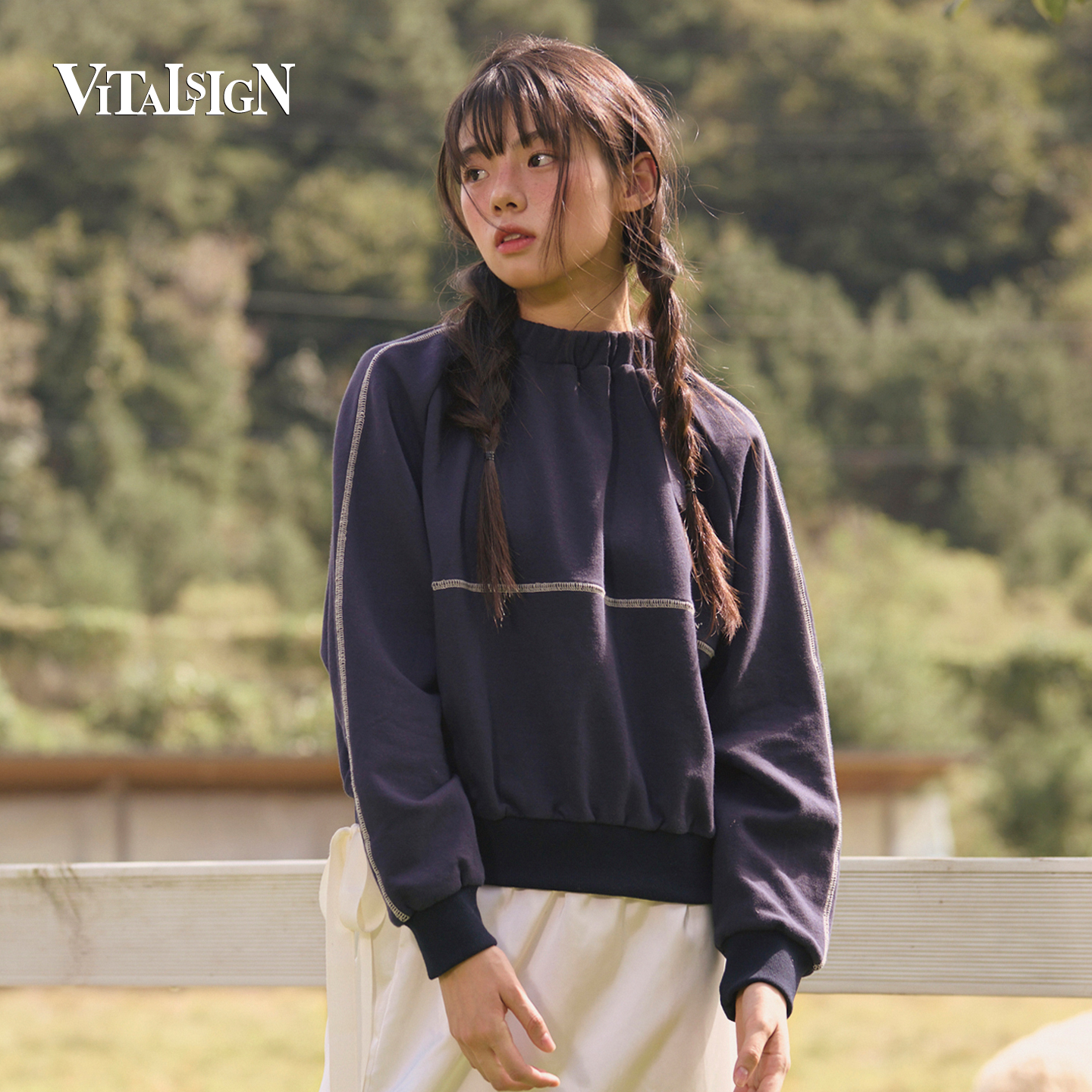 VitalSign复古运动风立领拉链卫衣女宽松深蓝色春秋新款