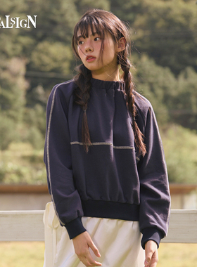 VitalSign复古运动风立领拉链卫衣女宽松深蓝色春秋新款