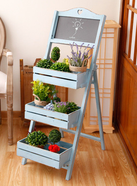 田园复古做旧实木三层折叠花架花店橱窗家居田园阶梯阳台花架摆件