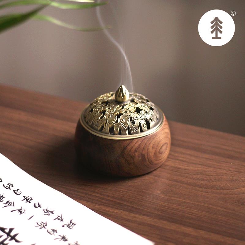 三思工房 木质线香香座新中式禅意香炉黑胡桃木香插沉香檀香熏炉