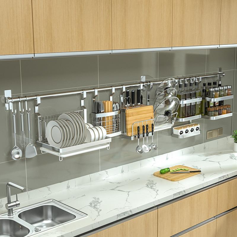 304不锈钢厨房置物架壁挂式免打孔放碗碟架调味品筷笼锅盖收纳层