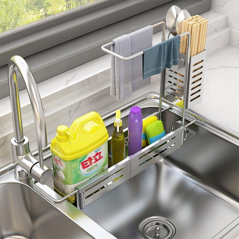 厨房不锈钢伸缩水槽沥水篮水池百洁布台面收纳抹布架免打孔置物架