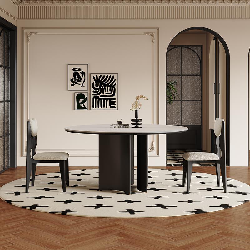 意式实木圆形餐桌轻奢现代简约小户型家用8人黑色覆古岩板圆桌