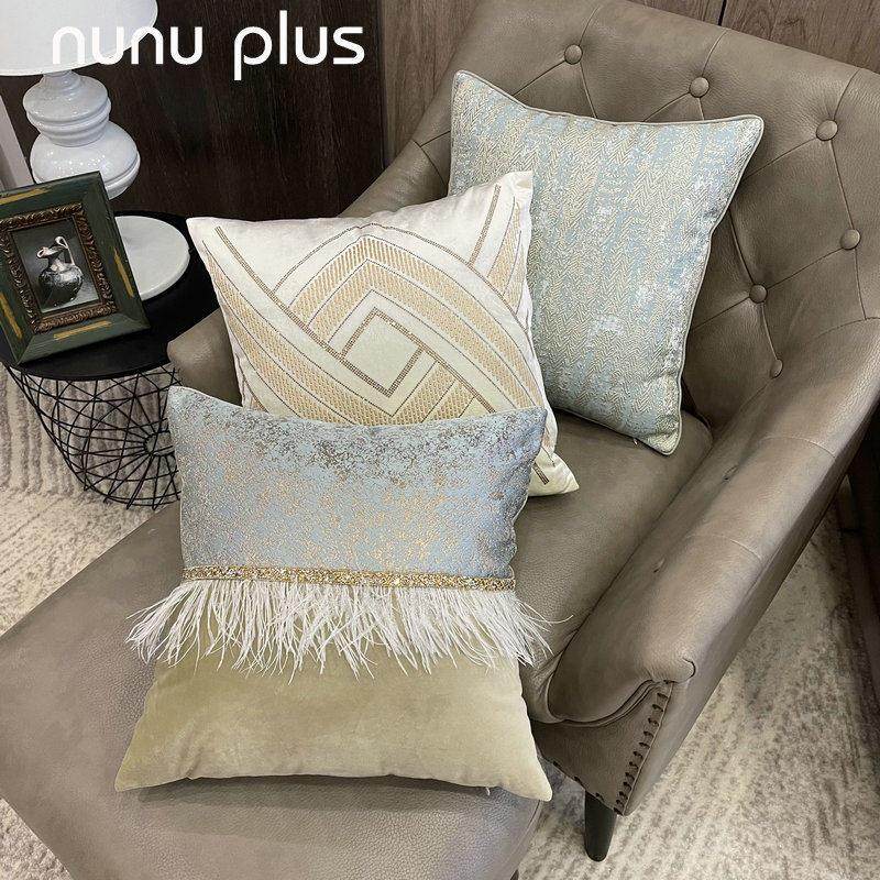 腰钻羽毛浅蓝拼接沙发客厅三件套抱枕时尚样板间轻奢靠垫靠包腰枕,居家布艺,靠垫/抱枕,淘宝优惠券,粉丝福利购,淘宝优惠卷