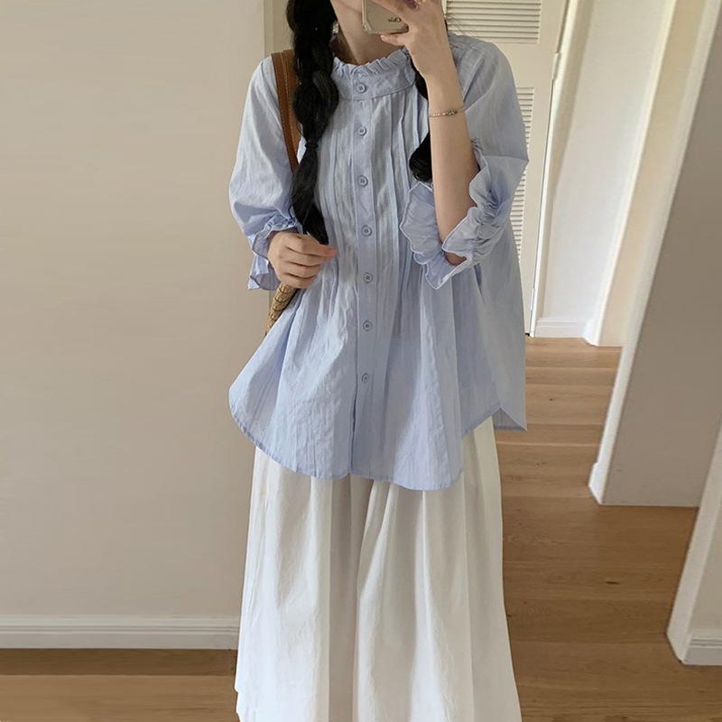 韩系泡泡袖蓝色褶皱衬衫外套女夏季2025年新款设计感甜美气质