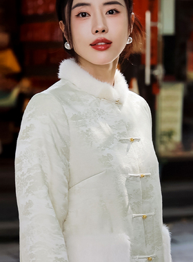 复古日记“西湖十景”金丝正绢水貂秋冬款白色棉服外套24HFS049