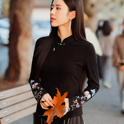 复古日记“清瑶”新中式提花刺绣斜开襟国风女士打底T恤237T5170