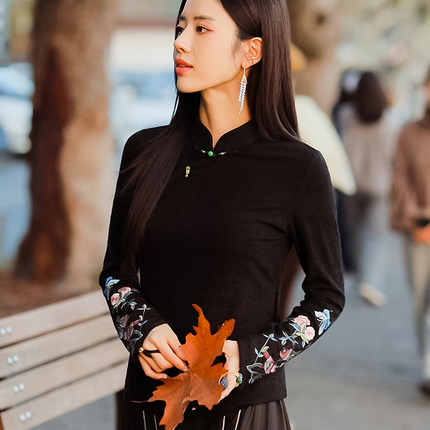 复古日记“清瑶”新中式提花刺绣斜开襟国风女士打底T恤237T5170