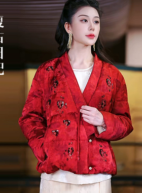 复古日记“红颜”手工钉珠丝羊毛中式交领本命红鹅绒服2EHR586