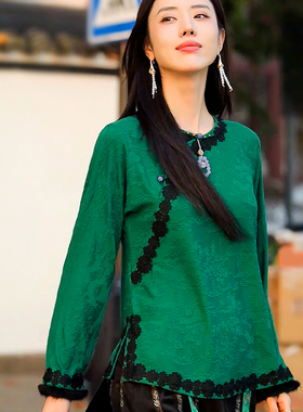 复古日记新中式长袖夏季圆领提花中国风宽松女上衣衬衫237C5171