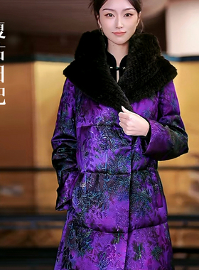 复古日记“紫苑琼林”水 貂连帽中式艺术小暖炉长款鹅绒服2EHR525