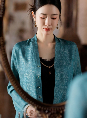 复古日记“花集”花影雀蓝织金四经绞罗轻盈软薄防晒衫255W7725