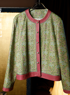 复古日记“青玉案”100绵羊皮缠枝纹打籽扣中式皮衣外套2FEW1066