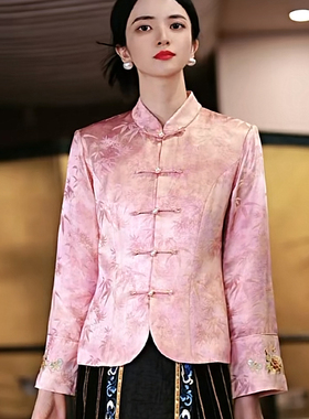 复古日记“清风竹”加绒内里加厚桑蚕丝提花刺绣衬衫外套245C5365