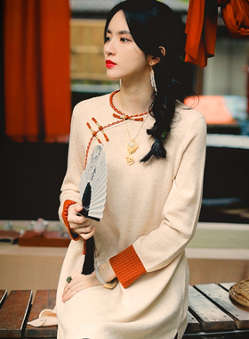 复古日记冬季100绵羊毛圆领裙子新中式国风女短款连衣裙235M0231