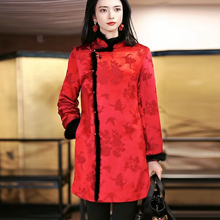 复古日记“音书”桑蚕丝冠乐绉红色拜年服水貂旗袍连衣裙247L7449