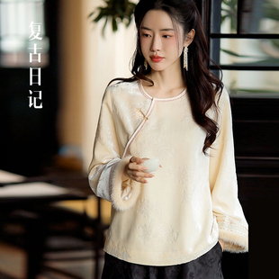 复古日记“书棠”100桑蚕丝烧花丝绒刺绣水貂姐姐服小衫2F1C7801