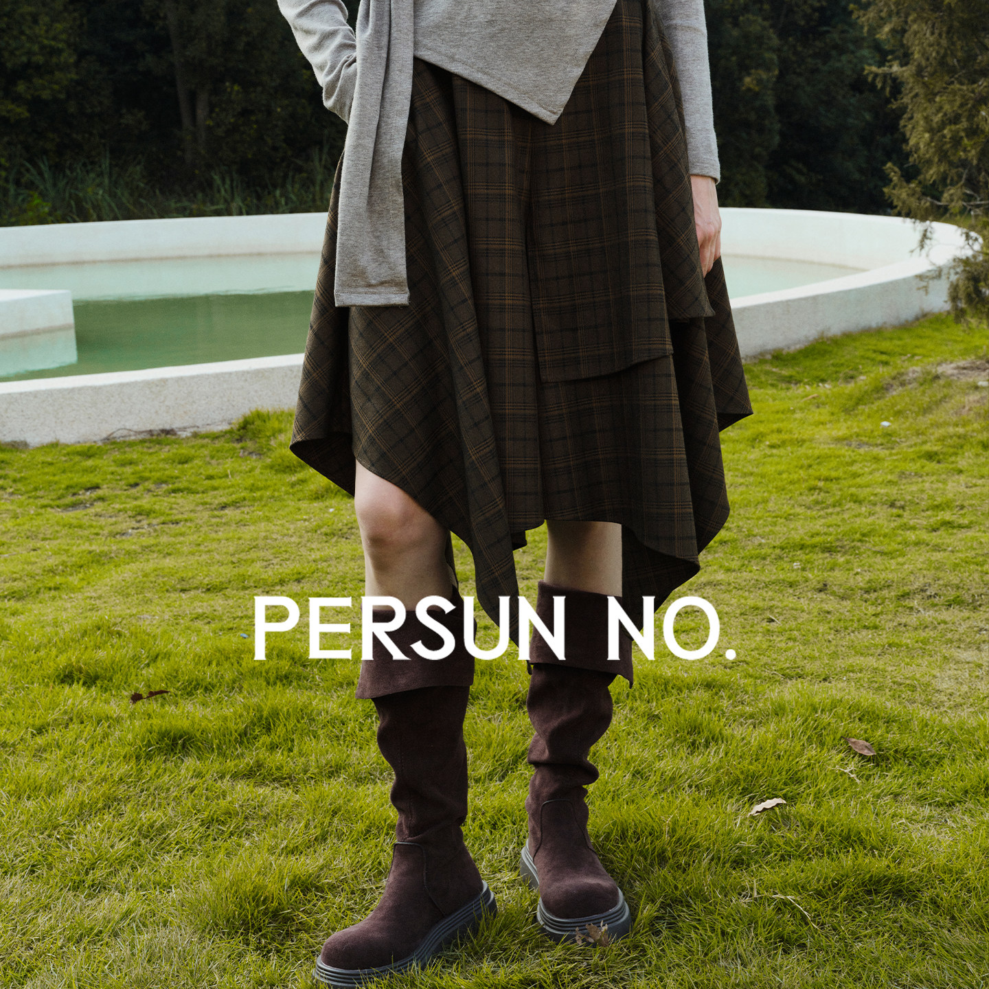 PERSUN NO.备述春季特价高级感复古绿色格纹设计感不对称半身裙裤