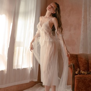 网纱宫廷风长款睡衣女夏可爱甜美蕾丝睡裙仙女睡袍新娘晨袍家居服
