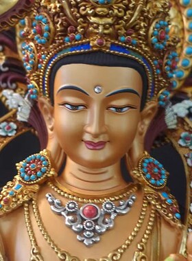 西藏纯铜文殊菩萨佛像尼泊尔工艺手工彩绘背光藏传錾刻供奉铜像