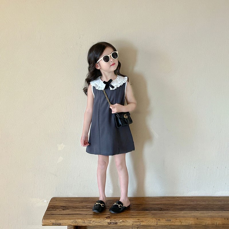 2024女童夏季小众复古木耳边娃娃领蝴蝶结无袖连衣裙法式公主裙潮