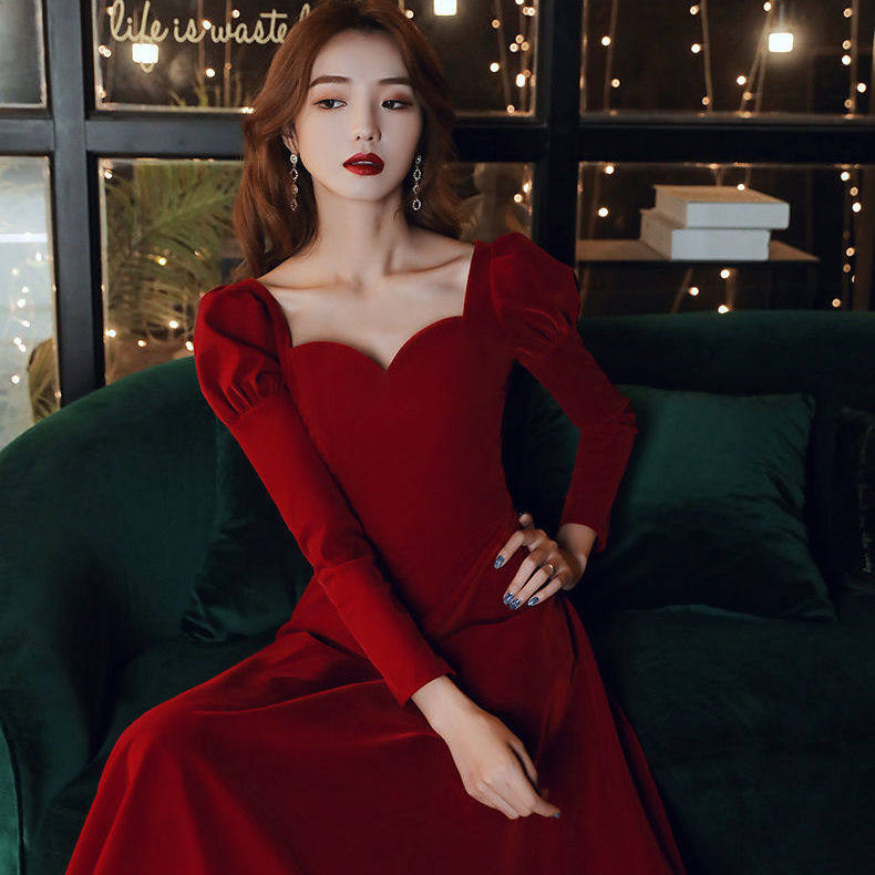 红色回门连衣裙伴娘服2021年新款秋冬季礼服裙子平时可穿气质聚会