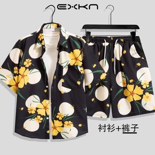 情侣套装 男女泰式 沙滩衬衣 vintage花衬衫 港风复古夏威夷满印短袖