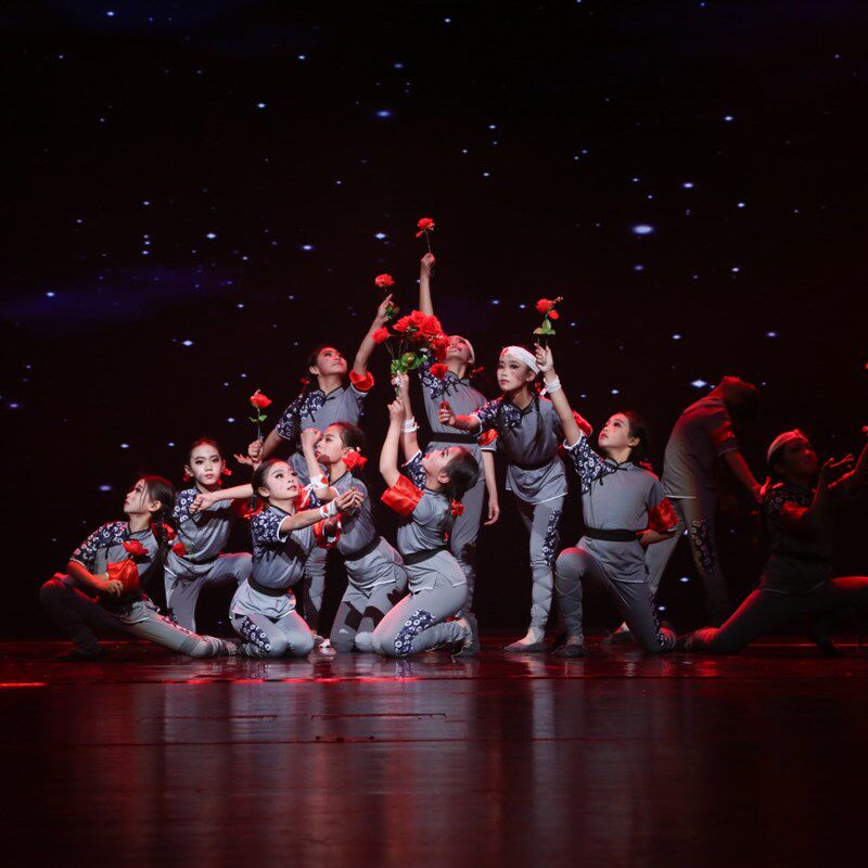 桃李杯群舞映山红舞蹈演出服装儿童绣红旗送红军那时花开弹力军装