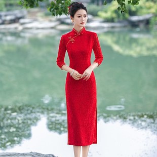 红色长旗袍外嫁女金花回娘家活动款中袖复古走秀宴会礼仪演出婚宴