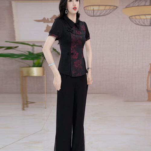 夏季真丝套装国风新款中年妈妈装改良旗袍复古盘扣时尚修身两件套