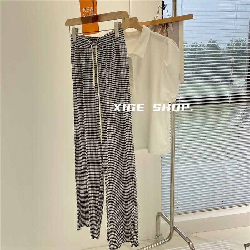 黑白格纹褶皱休闲裤子女夏高腰显瘦垂感学生宽松直筒拖地阔腿长裤,女装/女士精品,卫裤,淘宝优惠券,粉丝福利购,淘宝优惠卷